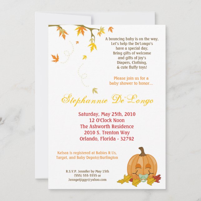 5x7 Automne Citrouille Invitation Baby shower (Devant)