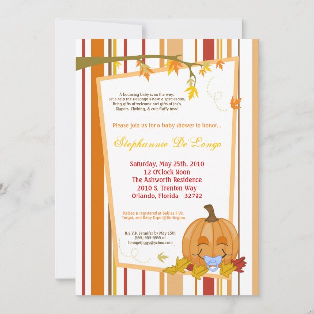 5x7 Automne Citrouille Invitation Baby shower d'au (Devant)