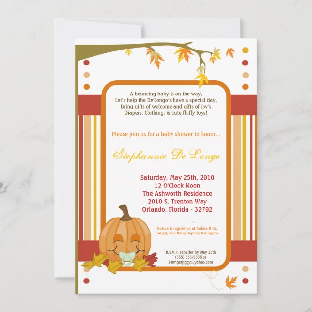 5x7 Automne Citrouille Invitation Baby shower d'au (Devant)