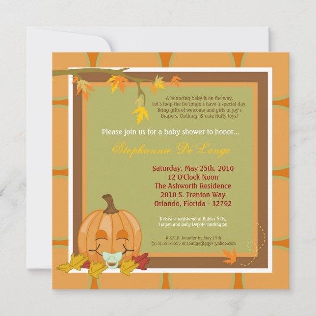 5x7 Automne Citrouille Invitation Baby shower d'au (Devant)