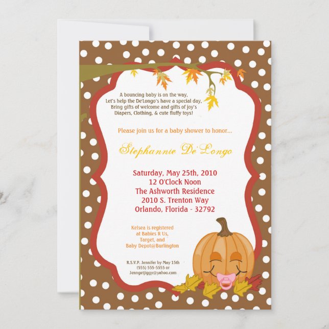 5x7 Automne Citrouille Invitation Baby shower d'au (Devant)