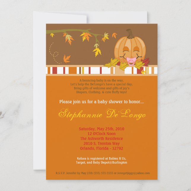 5x7 Automne Citrouille Invitation Baby shower d'au (Devant)
