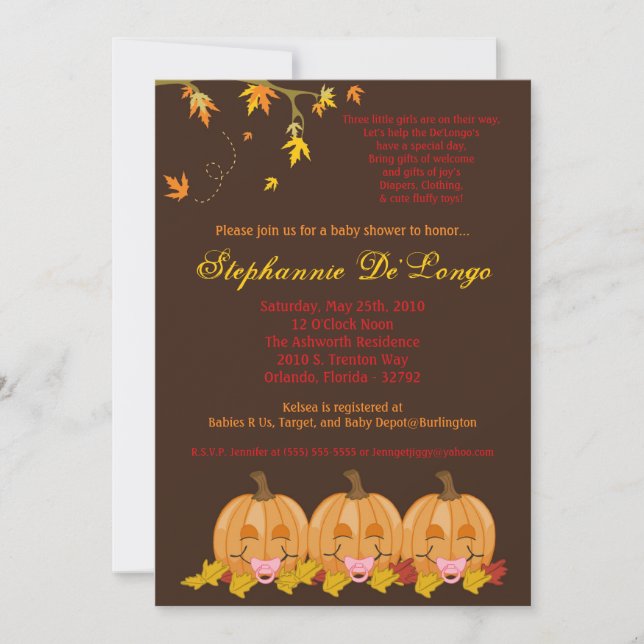 5x7 Automne Feuilles TRIPLETGirl Invitation Baby s (Devant)