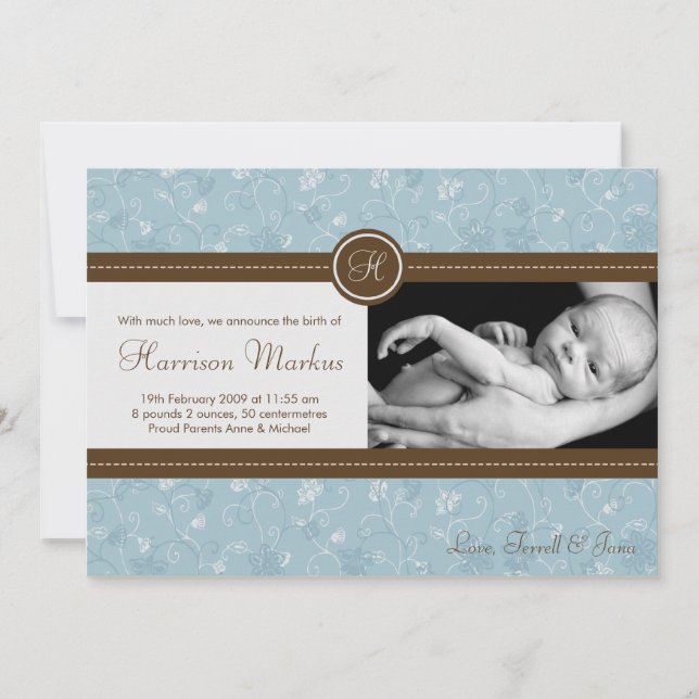 5x7 Baby Boy Blue Floral Photo Faire-part de naiss (Devant)