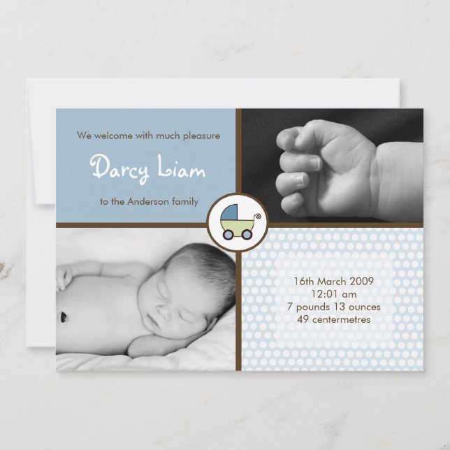 5x7 Baby BoyBlue Stroller Faire-part de naissance  (Devant)
