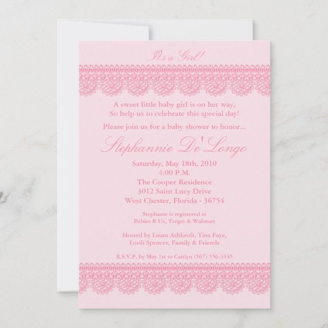 5x7 Baby Girl Pink Lace Baby shower Invitation (Devant)