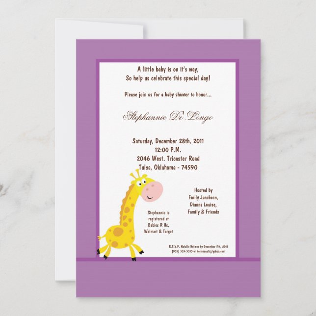 5x7 Baby shower de girafe violet Invitation (Devant)
