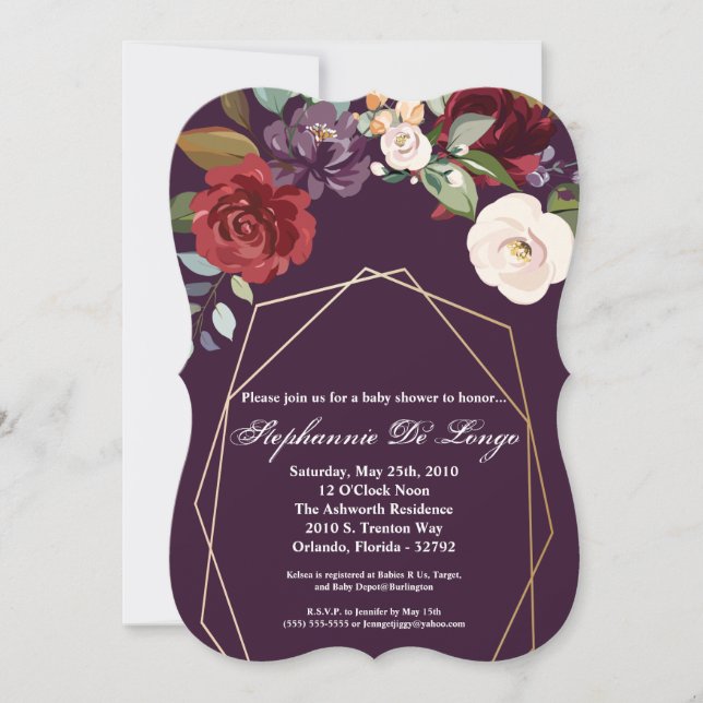5x7 Baby shower Invitation Plum violet Rose or (Devant)