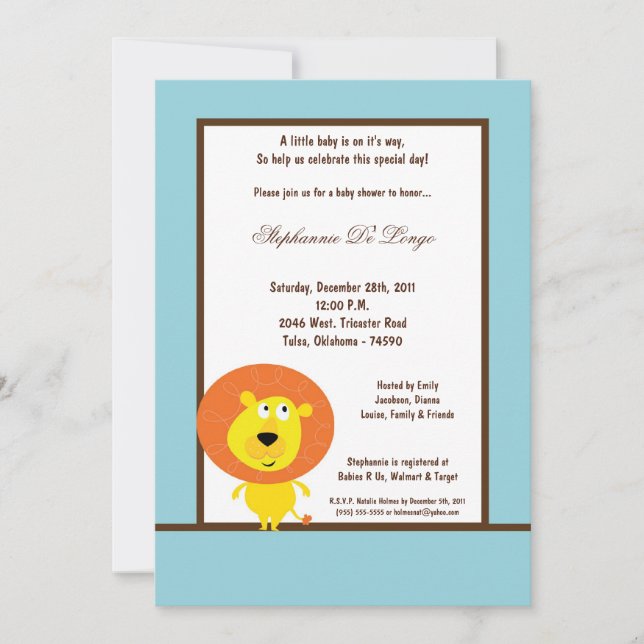 5x7 Baby shower Lion bleu Invitation (Devant)