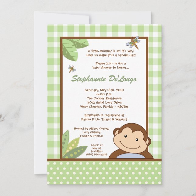 5x7 Baby shower Papagayo Monkey Safari Invitation (Devant)