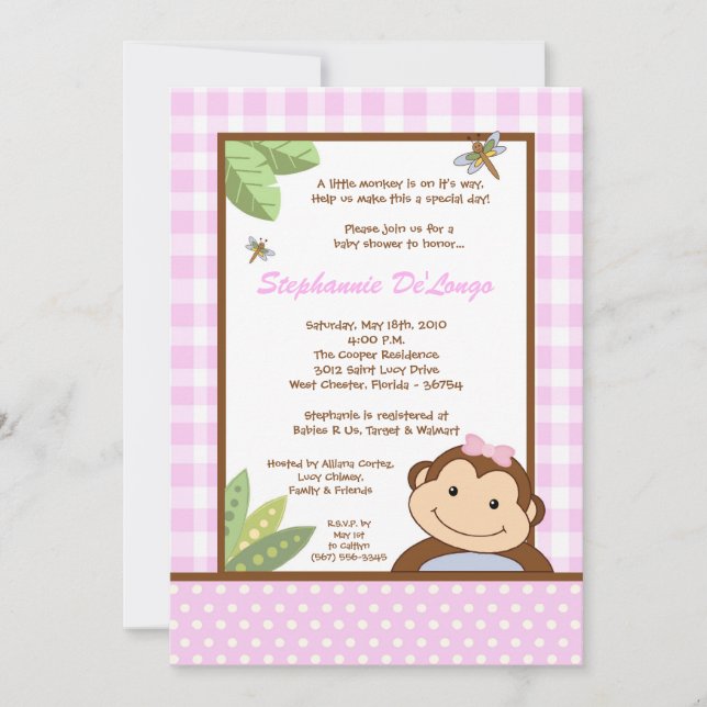 5x7 Baby shower Papagayo Monkey Safari Invitation (Devant)
