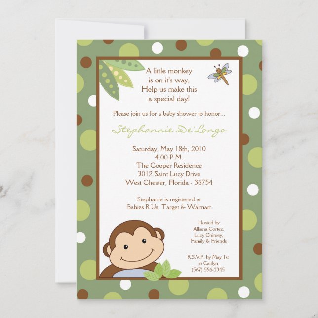 5x7 Baby shower Papagayo Monkey Safari Invitation (Devant)