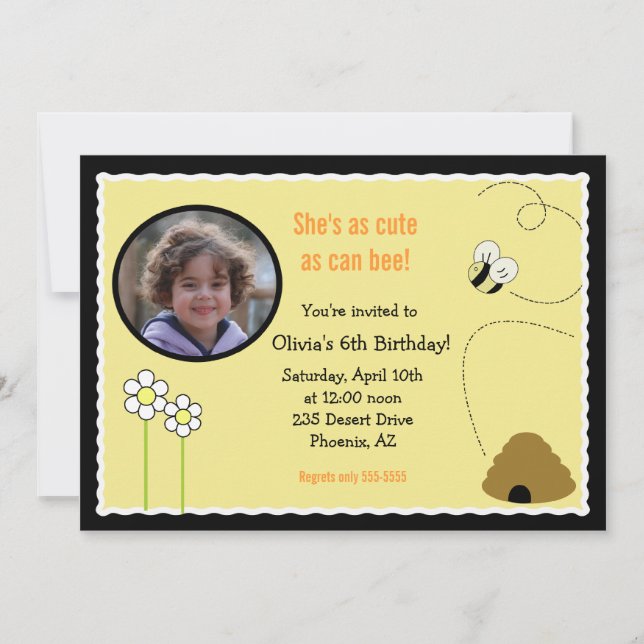 5x7 Bee Happy *PHOTO* Carte d'invitation d'anniver (Devant)