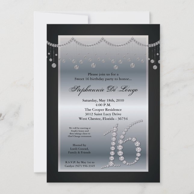 5x7 Black Diamond Sweet 16 Anniversaire Invitation (Devant)
