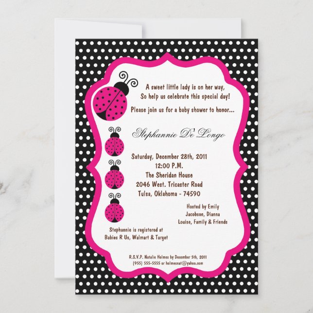 5x7 Black Lady Bug Baby shower Invitation (Devant)