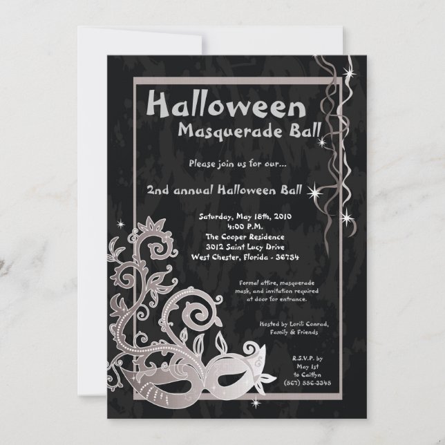 5x7 Black Masquerade Halloween Ball Invitation (Devant)