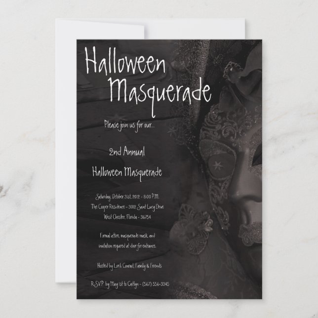 5x7 Black Masquerade Halloween Costume Invitation (Devant)