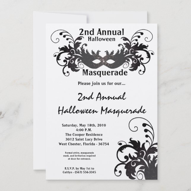 5x7 Black Masquerade Halloween Costume Invitation (Devant)