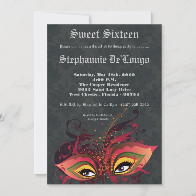 5x7 Black Masquerade Sweet 16 Invitation anniversa (Devant)