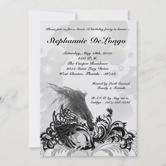 5x7 Black Masquerade Sweet 16 Invitation anniversa (Devant)