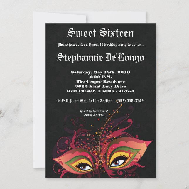 5x7 Black Masquerade Sweet 16 Invitation anniversa (Devant)