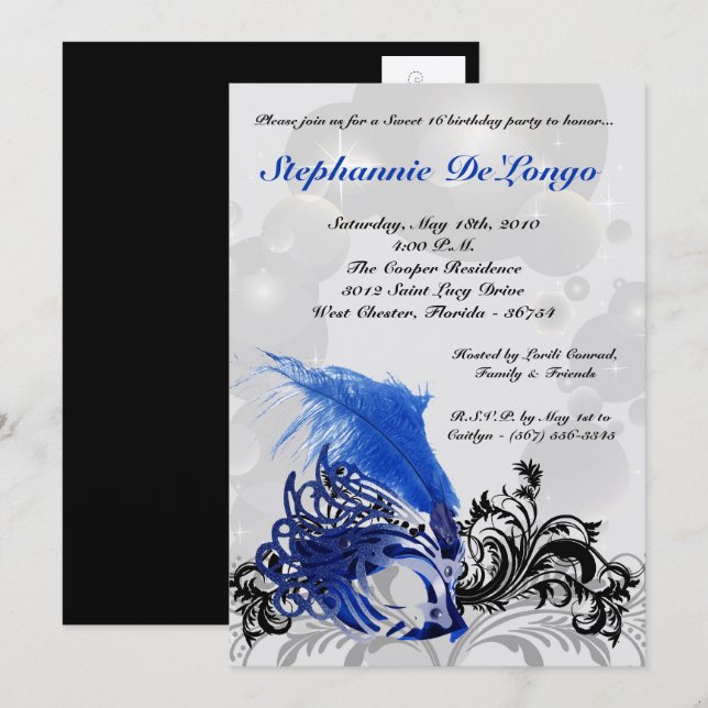 5x7 Black Masquerade Sweet 16 Invitation anniversa (Devant / Derrière)