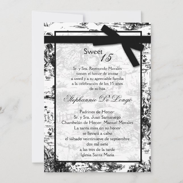 5x7 Black Toile Fabric Quinceanera Invitation (Devant)
