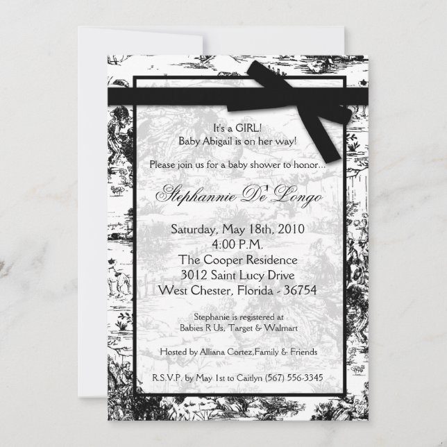 5x7 Black Whit Toile Baby shower Invitation (Devant)