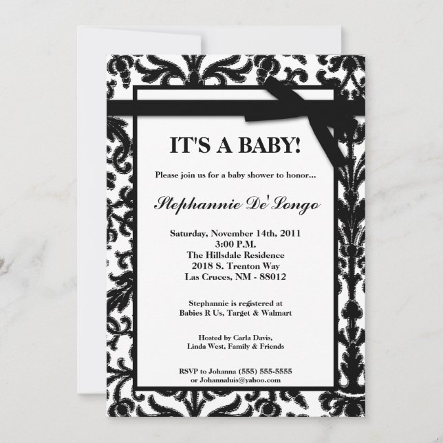 5x7 Black White Damask Lace Baby shower Invitation (Devant)