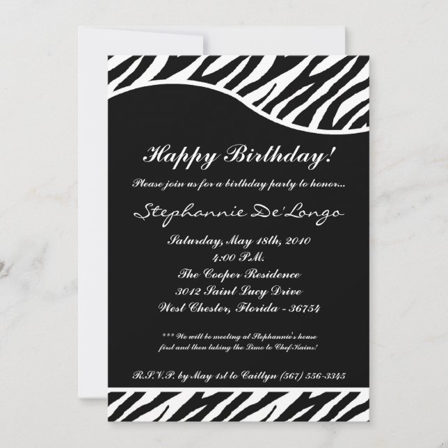 5x7 Black Zebra Imprimer Anniversaire Invitation (Devant)