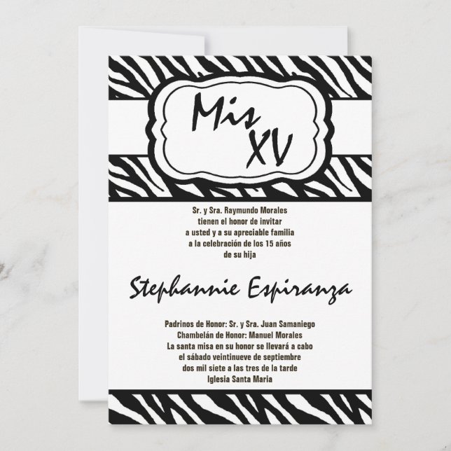 5x7 Black Zebra Imprimer Quinceanera 15 Invitation (Devant)