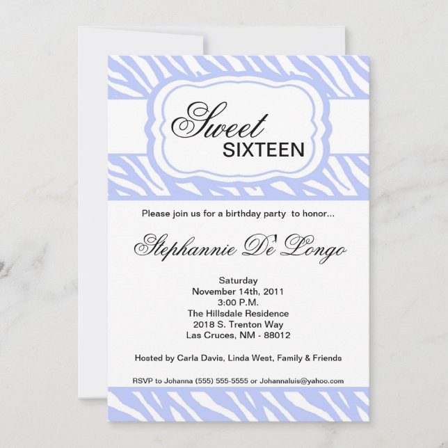 5x7 Bleu Zèbre Imprimer Invitation de fête d'anniv (Devant)