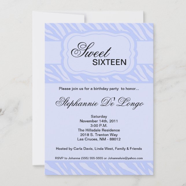 5x7 Bleu Zèbre Imprimer Invitation de fête d'anniv (Devant)
