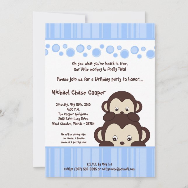 5x7 Blue Boy Pop Monkey Anniversaire Invitation (Devant)