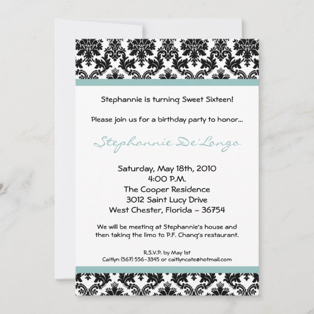 5x7 Blue Damask Invitation de fête d'anniversaire (Devant)