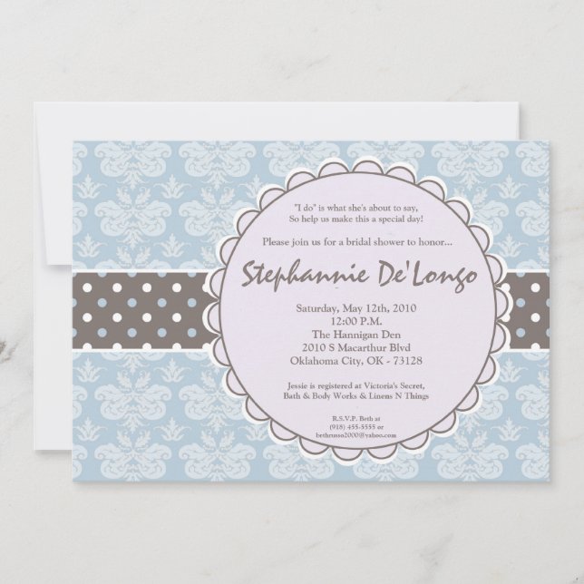 5x7 Blue Damask Lace Bridal Douche Invitation (Devant)