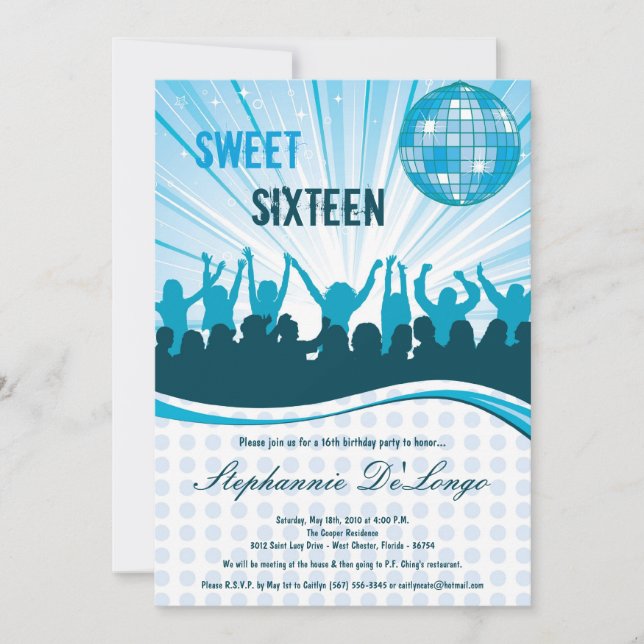 5x7 Blue Dance Party 16e anniversaire Invitation (Devant)