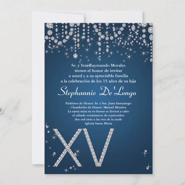 5x7 Blue Diamond Quinceanera Invitation Anniversai (Devant)