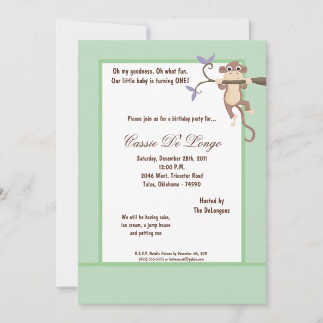 5x7 Blue Green Monkey Invitation de fête d'anniver (Devant)