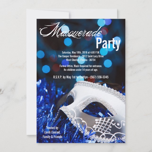 5x7 Blue Masquerade Sweet 16 Invitation anniversai (Devant)