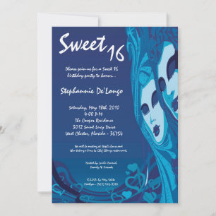 5x7 Blue Masquerade Sweet 16 Invitation anniversai