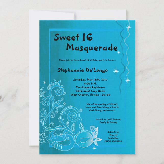 5x7 Blue Masquerade Sweet 16 Invitation anniversai (Devant)