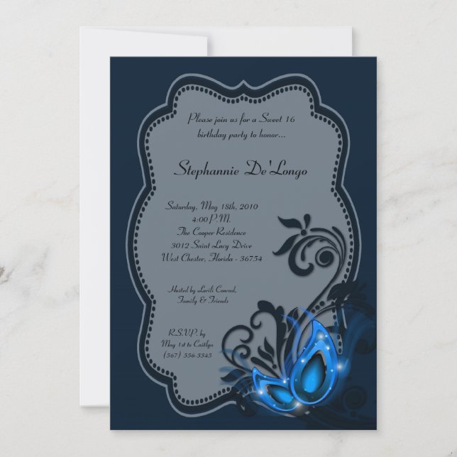 5x7 Blue Masquerade Sweet 16 Invitation anniversai (Devant)