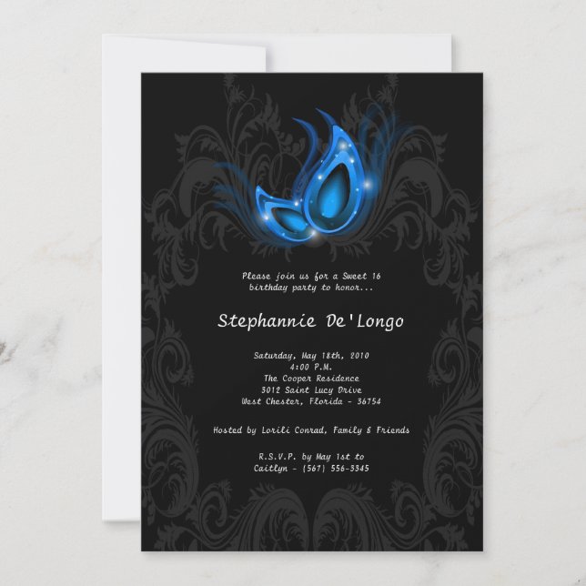 5x7 Blue Masquerade Sweet 16 Invitation anniversai (Devant)