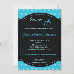 5x7 Blue Polkadot Sweet 16 Anniversaire Invitation
