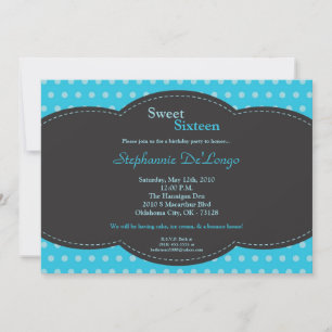 5x7 Blue Polkadot Sweet 16 Anniversaire Invitation