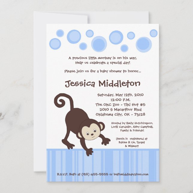 5x7 Blue Pop Monkey Dance Baby shower Invitation (Devant)