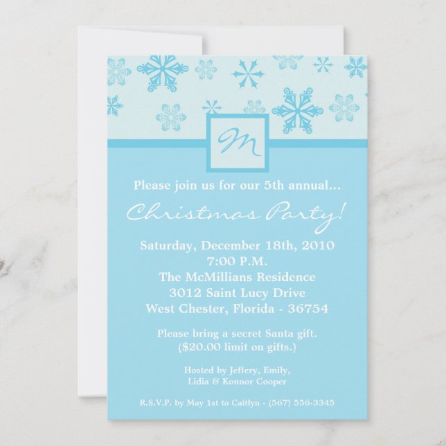 5x7 Blue Snowflakes Christmas Party Invitation (Devant)