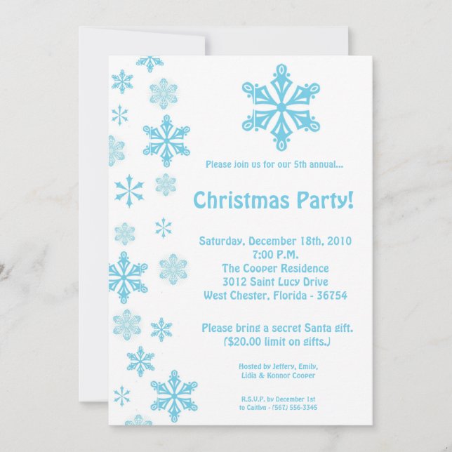 5x7 Blue Snowflakes Christmas Party Invitation (Devant)
