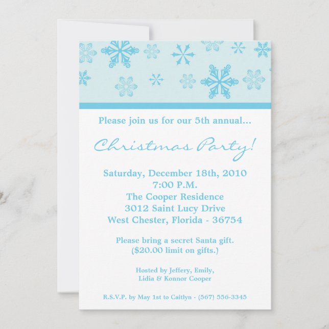 5x7 Blue Snowflakes Christmas Party Invitation (Devant)